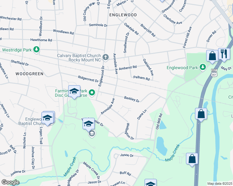 map of restaurants, bars, coffee shops, grocery stores, and more near 3001 Berkley Dr in Rocky Mt