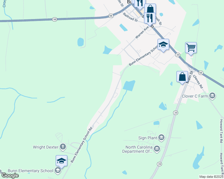 map of restaurants, bars, coffee shops, grocery stores, and more near 290 Bunn Elementary School Road in Bunn