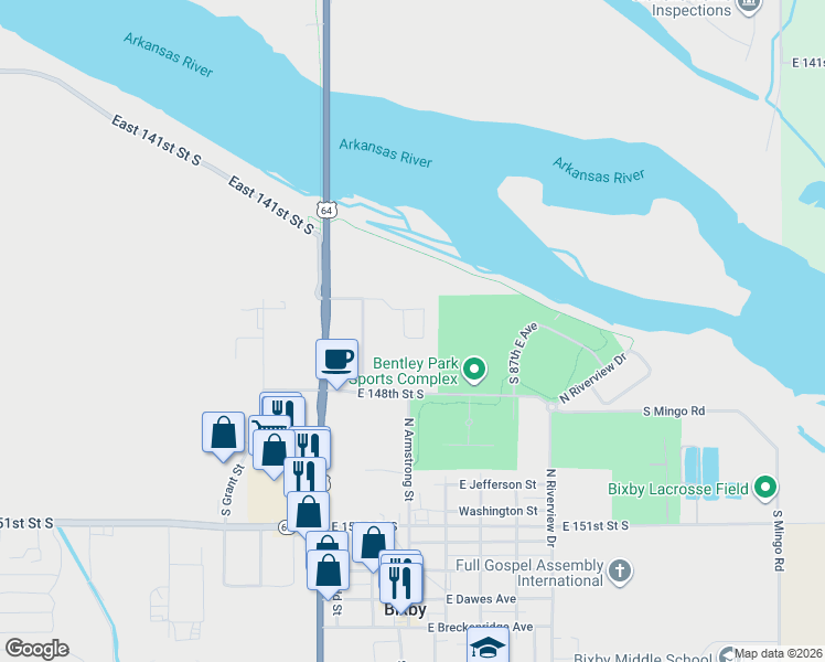 map of restaurants, bars, coffee shops, grocery stores, and more near 8403 East 147th Street South in Bixby