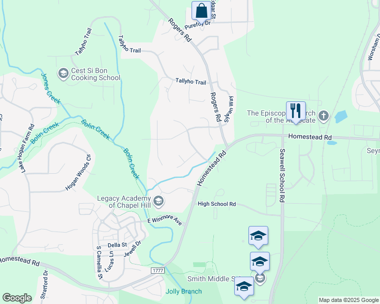 map of restaurants, bars, coffee shops, grocery stores, and more near 1610 Skye Drive in Chapel Hill