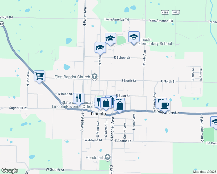 map of restaurants, bars, coffee shops, grocery stores, and more near 112 North Carter Avenue in Lincoln