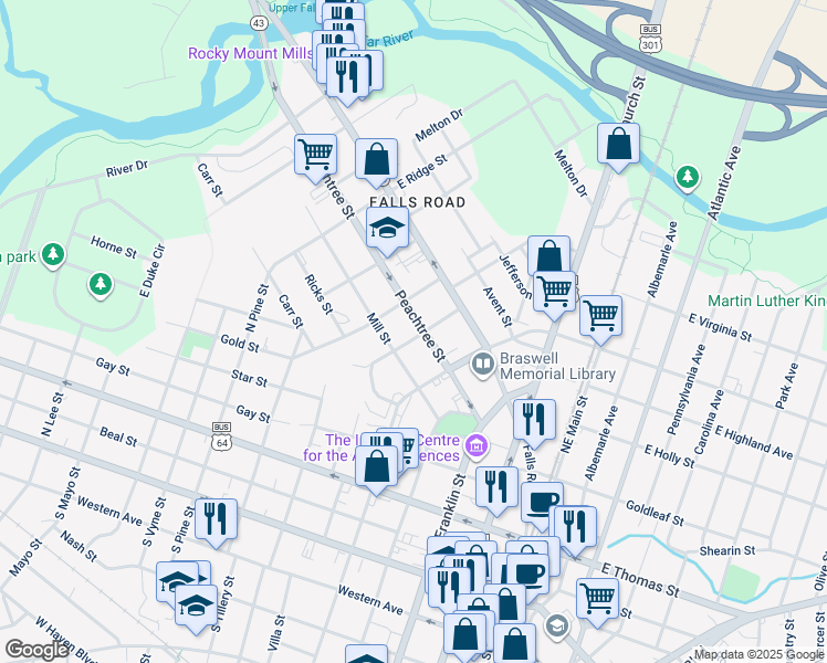 map of restaurants, bars, coffee shops, grocery stores, and more near in Rocky Mount