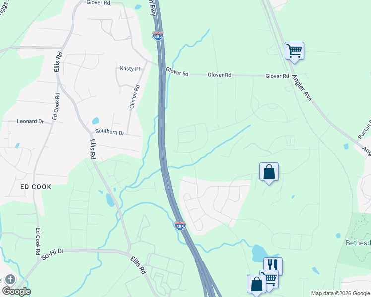 map of restaurants, bars, coffee shops, grocery stores, and more near Durham Freeway in Durham