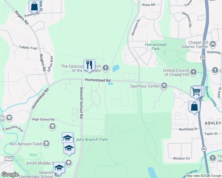 map of restaurants, bars, coffee shops, grocery stores, and more near 2115 State Road 1777 in Chapel Hill