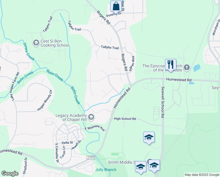 map of restaurants, bars, coffee shops, grocery stores, and more near 1610 Skye Drive in Chapel Hill