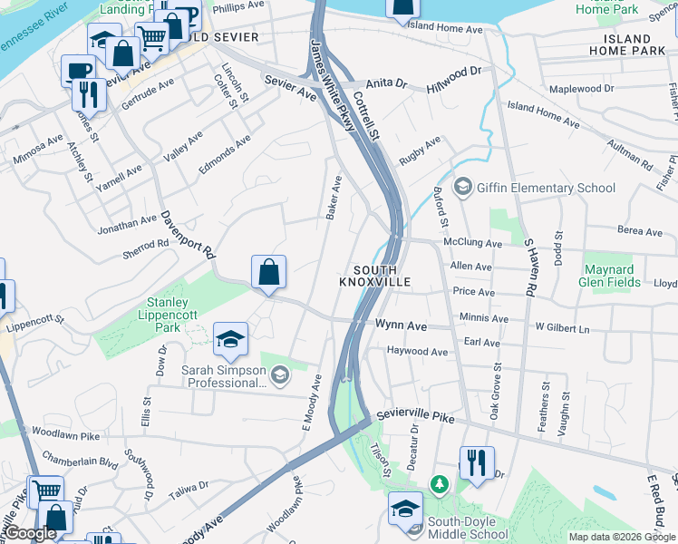 map of restaurants, bars, coffee shops, grocery stores, and more near 1240 East Moody Avenue in Knoxville