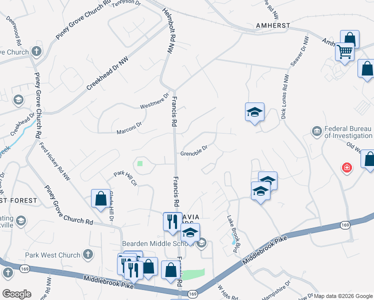 map of restaurants, bars, coffee shops, grocery stores, and more near 1214 Walcot Lane in Knoxville