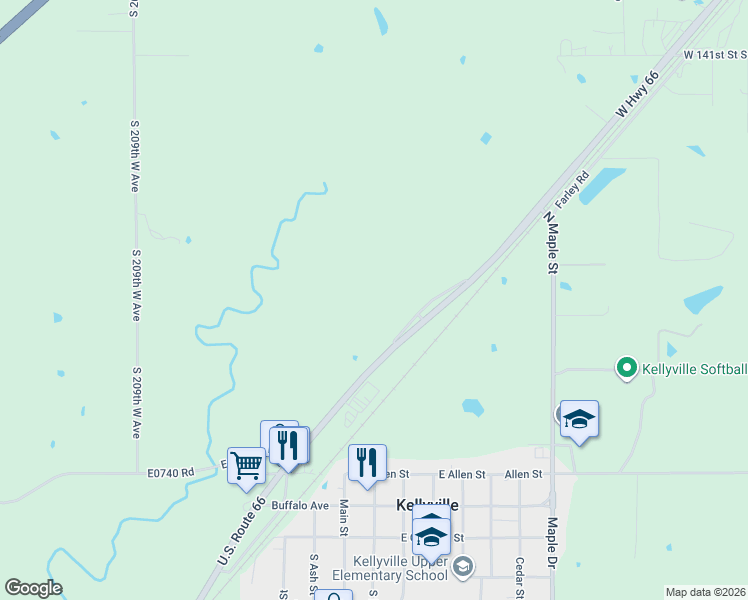 map of restaurants, bars, coffee shops, grocery stores, and more near 19917 Oklahoma 66 in Kellyville