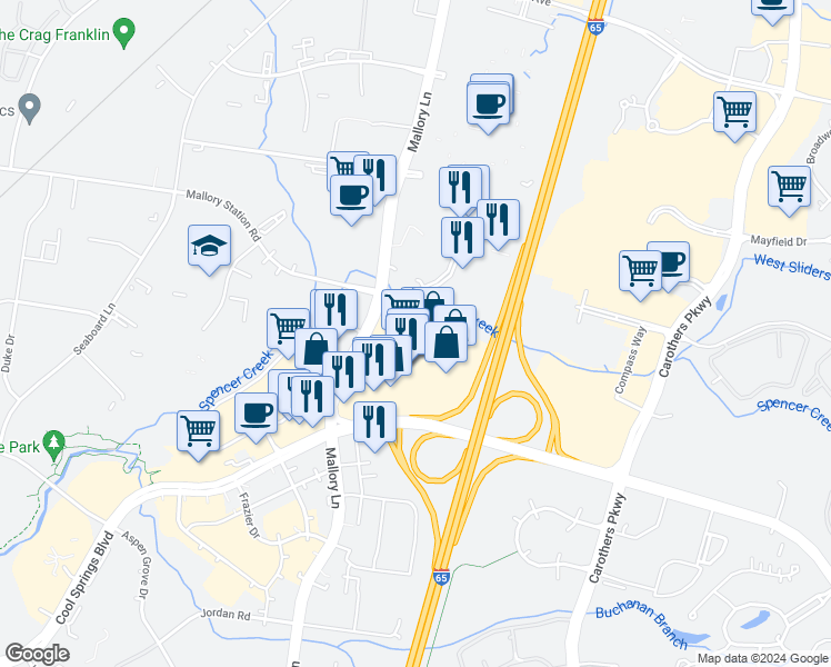 map of restaurants, bars, coffee shops, grocery stores, and more near 2020 Mallory Lane in Franklin