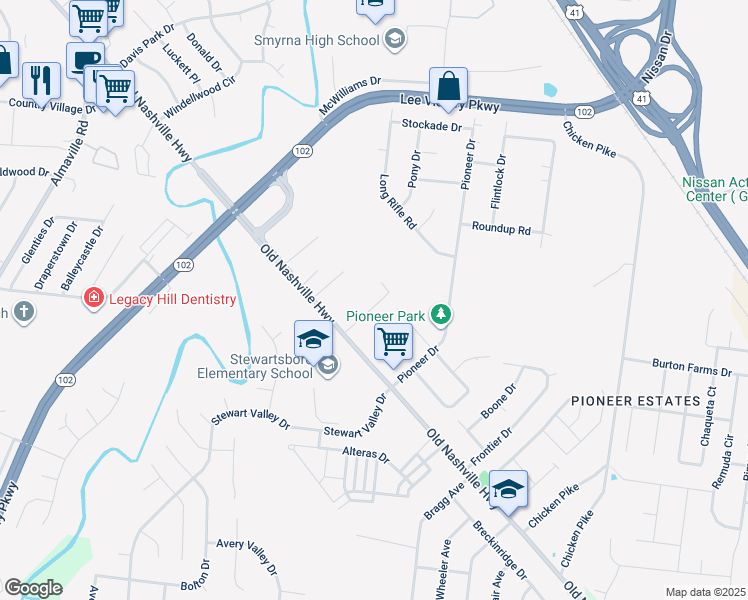 map of restaurants, bars, coffee shops, grocery stores, and more near 10602 Old Nashville Highway in Smyrna
