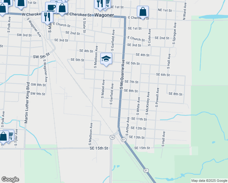 map of restaurants, bars, coffee shops, grocery stores, and more near 908 South Garfield Avenue in Wagoner