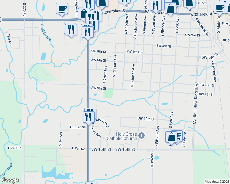 map of restaurants, bars, coffee shops, grocery stores, and more near 1005 Southwest 9th Street in Wagoner