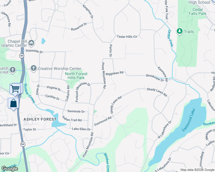 map of restaurants, bars, coffee shops, grocery stores, and more near 105 Karin Court in Chapel Hill