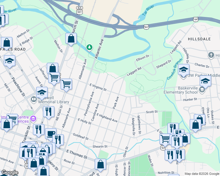 map of restaurants, bars, coffee shops, grocery stores, and more near 518 East Virginia Street in Rocky Mount