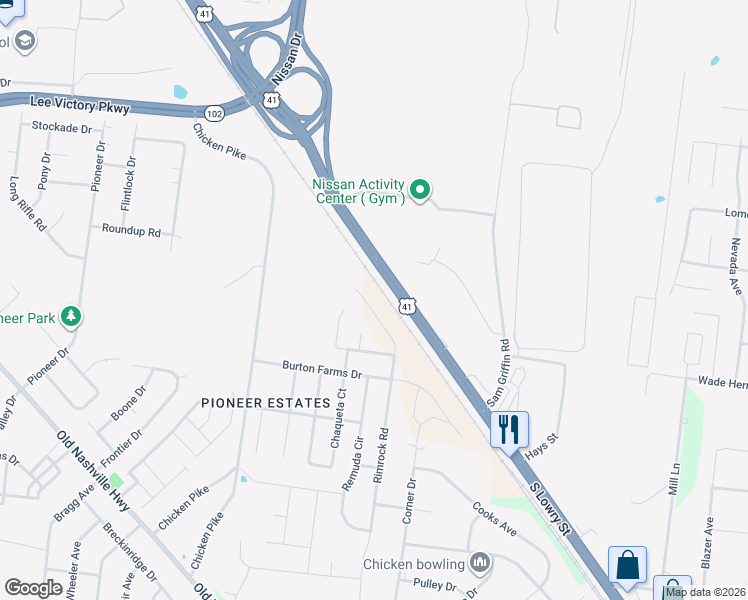 map of restaurants, bars, coffee shops, grocery stores, and more near 1176 Rimrock Road in Murfreesboro