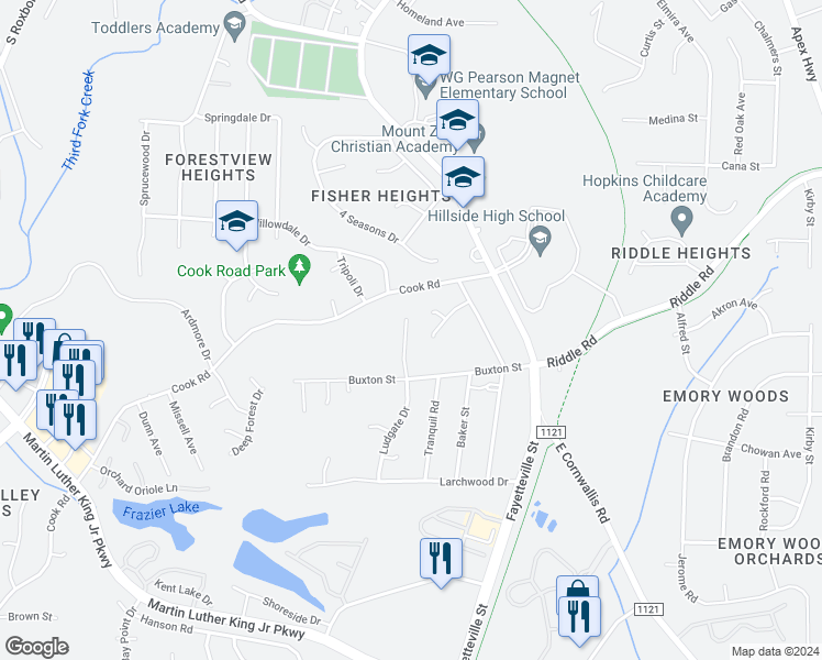 map of restaurants, bars, coffee shops, grocery stores, and more near 3907 Ludgate Drive in Durham