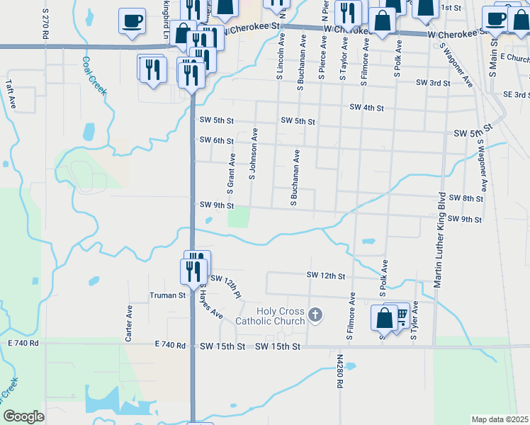 map of restaurants, bars, coffee shops, grocery stores, and more near 1005 Southwest 9th Street in Wagoner