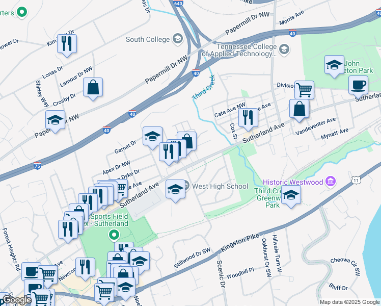 map of restaurants, bars, coffee shops, grocery stores, and more near 3275 Sutherland Avenue in Knoxville