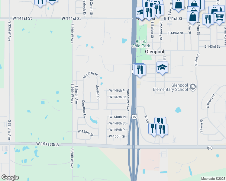 map of restaurants, bars, coffee shops, grocery stores, and more near 613 West 146th Place in Glenpool