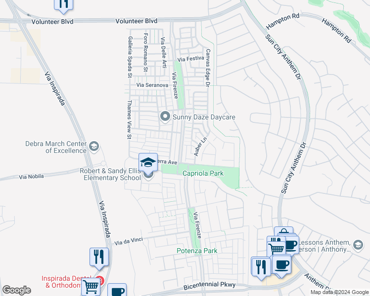 map of restaurants, bars, coffee shops, grocery stores, and more near 2116 Via Firenze in Henderson