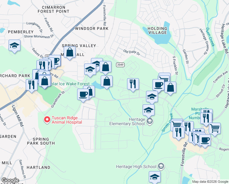 map of restaurants, bars, coffee shops, grocery stores, and more near 3218 Heritage Trade Drive in Wake Forest