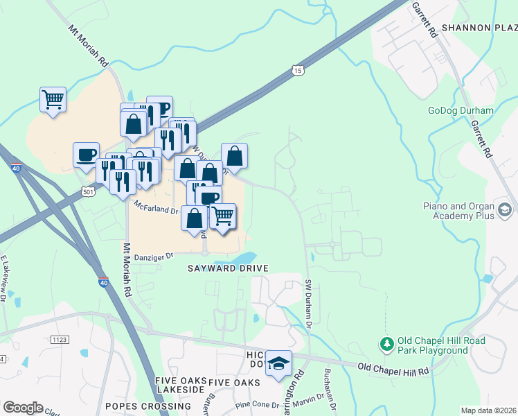 map of restaurants, bars, coffee shops, grocery stores, and more near 3520 Sayward Drive in Durham