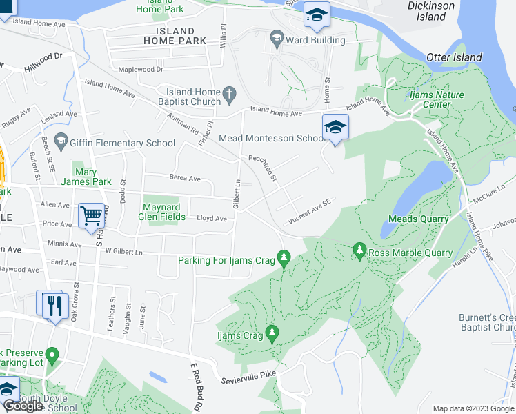map of restaurants, bars, coffee shops, grocery stores, and more near 2400 Aberdeen Lane in Knoxville