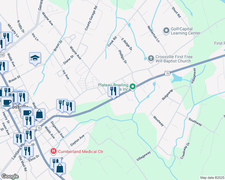 map of restaurants, bars, coffee shops, grocery stores, and more near 71 Campbell Street in Crossville