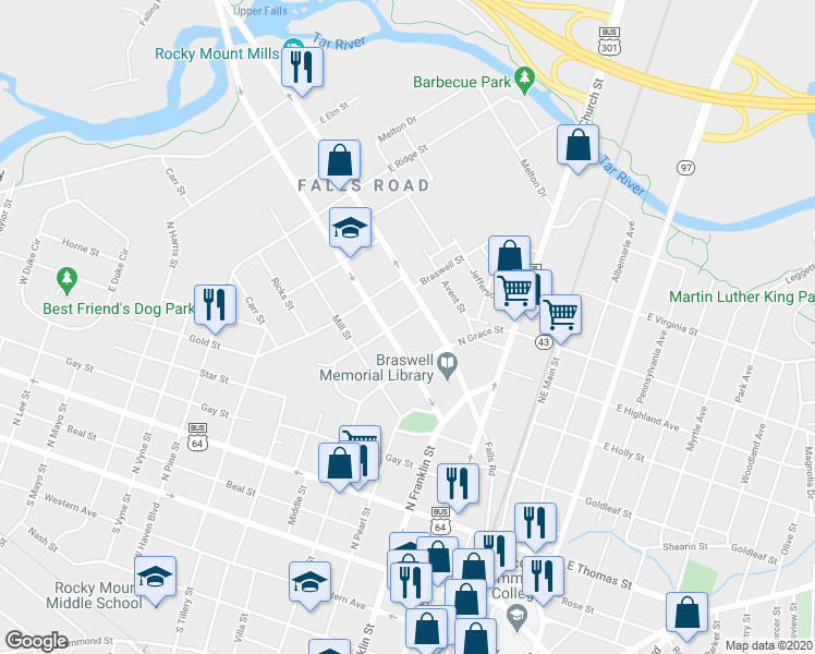 map of restaurants, bars, coffee shops, grocery stores, and more near 127 Wilkinson Street in Rocky Mount