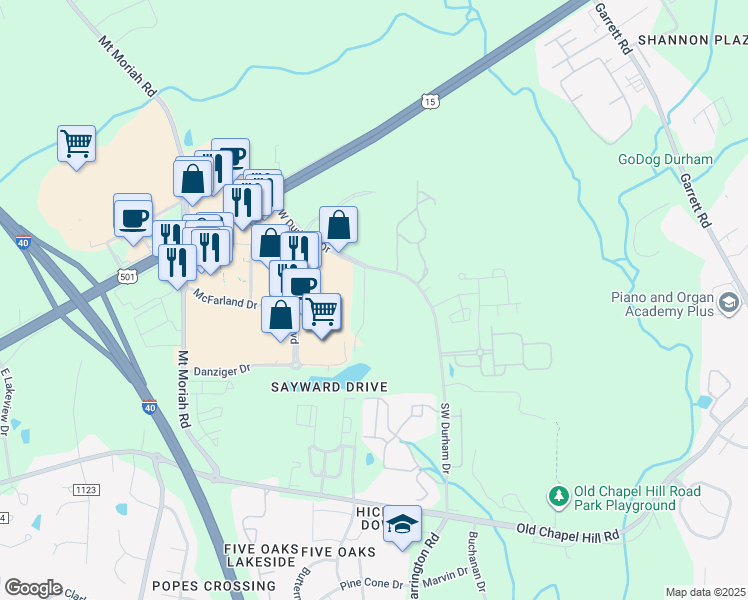 map of restaurants, bars, coffee shops, grocery stores, and more near 3520 Sayward Drive in Durham