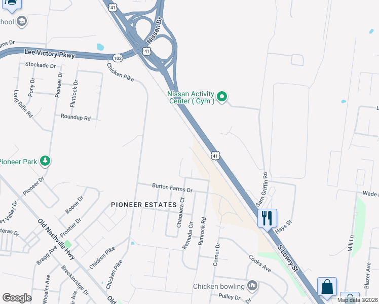map of restaurants, bars, coffee shops, grocery stores, and more near 1176 Rimrock Road in Murfreesboro