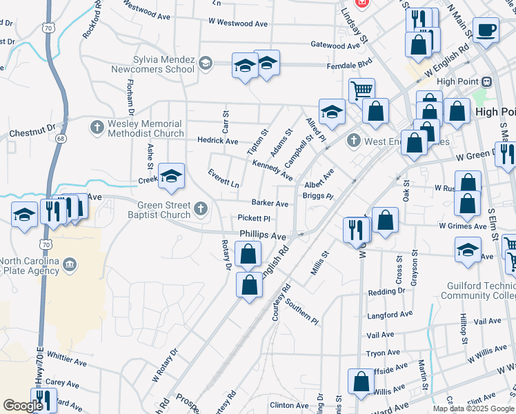 map of restaurants, bars, coffee shops, grocery stores, and more near 313 Barker Avenue in High Point