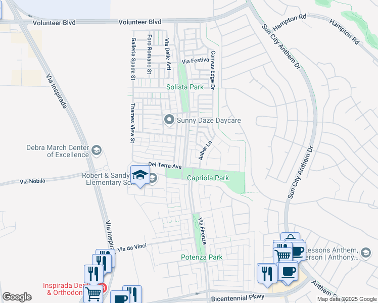 map of restaurants, bars, coffee shops, grocery stores, and more near 2116 Via Firenze in Henderson