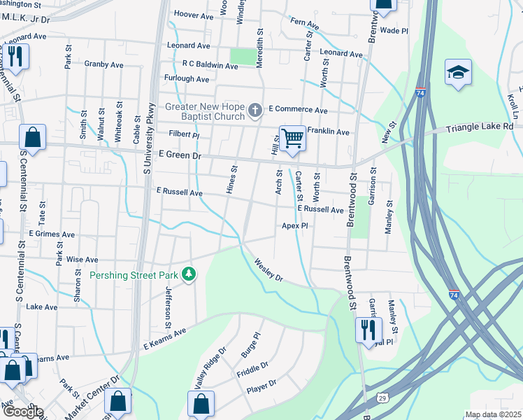map of restaurants, bars, coffee shops, grocery stores, and more near 1410 East Russell Avenue in High Point
