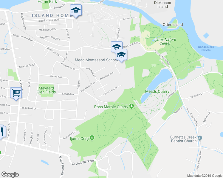 map of restaurants, bars, coffee shops, grocery stores, and more near 2623 Vucrest Avenue Southeast in Knoxville