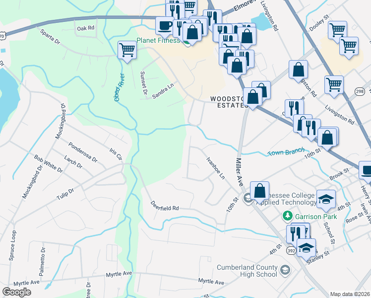map of restaurants, bars, coffee shops, grocery stores, and more near 104 Windermere Drive in Crossville