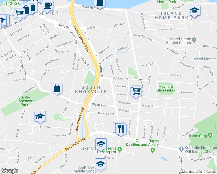 map of restaurants, bars, coffee shops, grocery stores, and more near 3101 Sevier Avenue in Knoxville