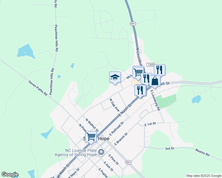 map of restaurants, bars, coffee shops, grocery stores, and more near 401 McLean Street in Spring Hope