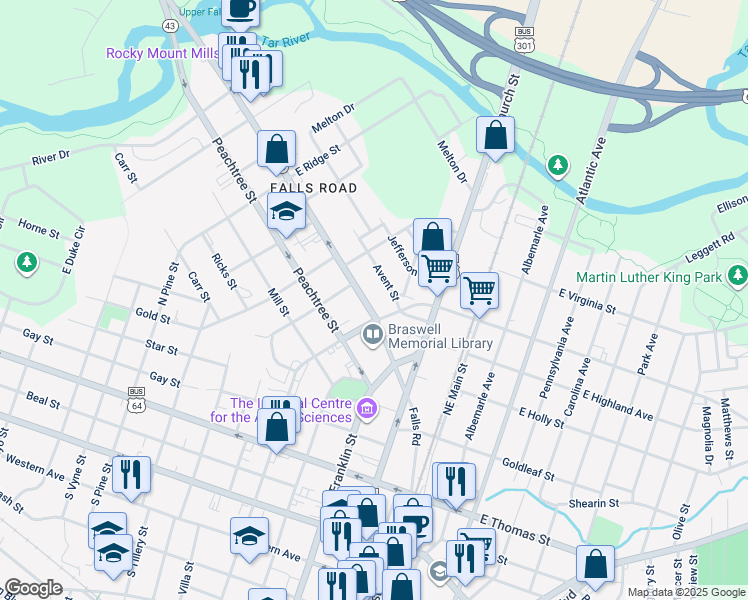 map of restaurants, bars, coffee shops, grocery stores, and more near 509 Falls Road in Rocky Mount