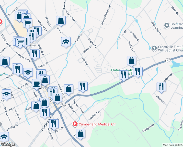 map of restaurants, bars, coffee shops, grocery stores, and more near 465 East 1st Street in Crossville