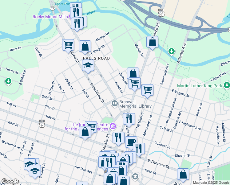 map of restaurants, bars, coffee shops, grocery stores, and more near 509 Falls Road in Rocky Mount
