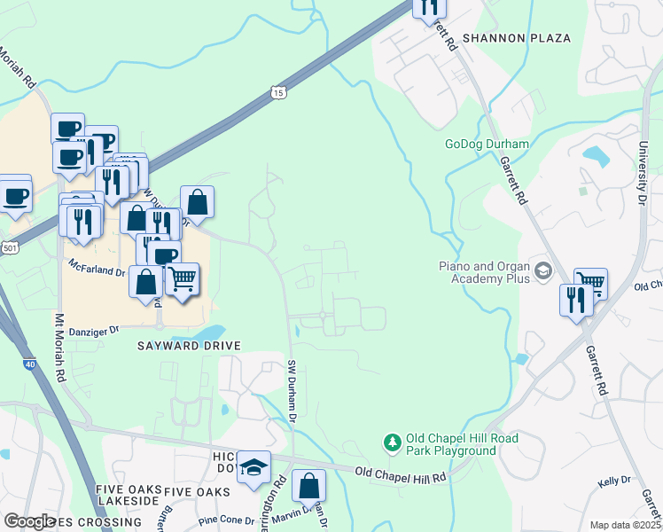 map of restaurants, bars, coffee shops, grocery stores, and more near 1085 Stillwell Drive in Durham
