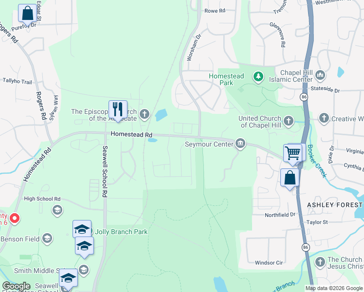 map of restaurants, bars, coffee shops, grocery stores, and more near 129 Greenway Landing in Chapel Hill