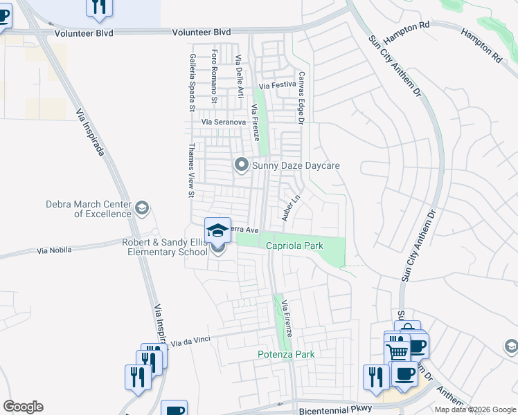 map of restaurants, bars, coffee shops, grocery stores, and more near 2103 Via Firenze in Henderson