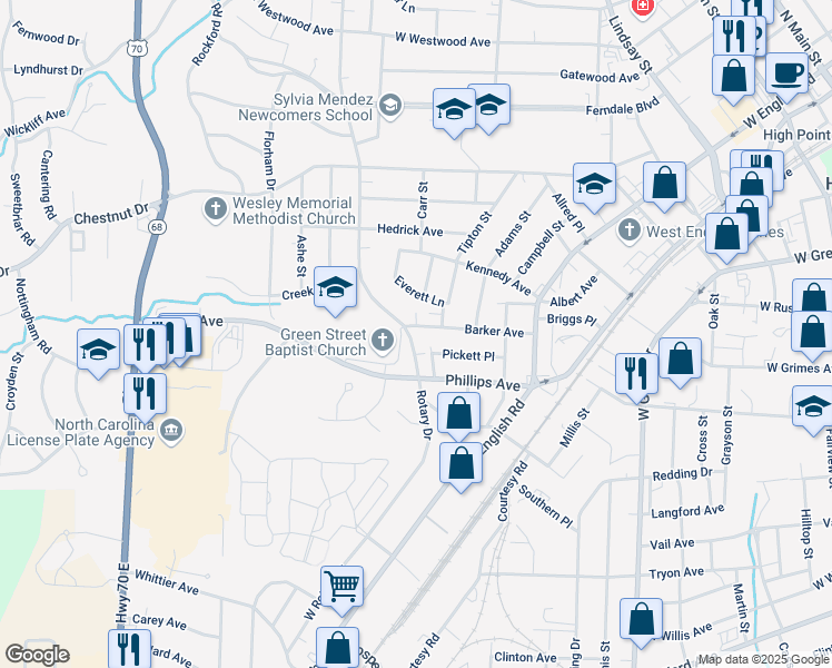 map of restaurants, bars, coffee shops, grocery stores, and more near 316 Rotary Drive in High Point