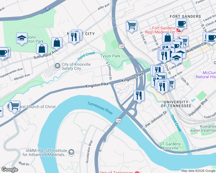 map of restaurants, bars, coffee shops, grocery stores, and more near 2718 Kingston Pike in Knoxville