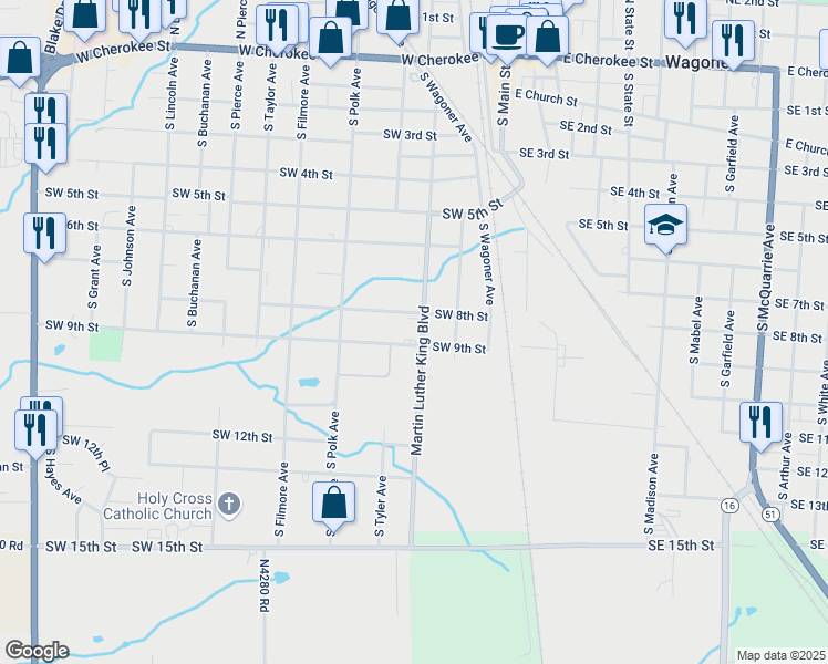 map of restaurants, bars, coffee shops, grocery stores, and more near 902 Martin Luther King Boulevard in Wagoner