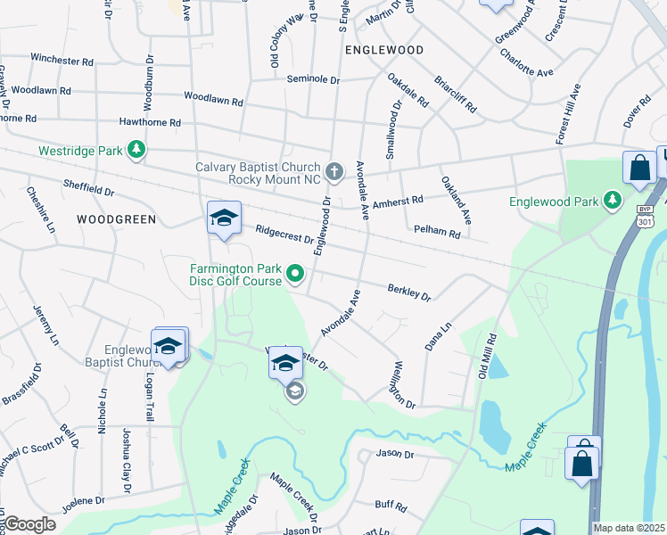 map of restaurants, bars, coffee shops, grocery stores, and more near 3012 Berkley Drive in Rocky Mount