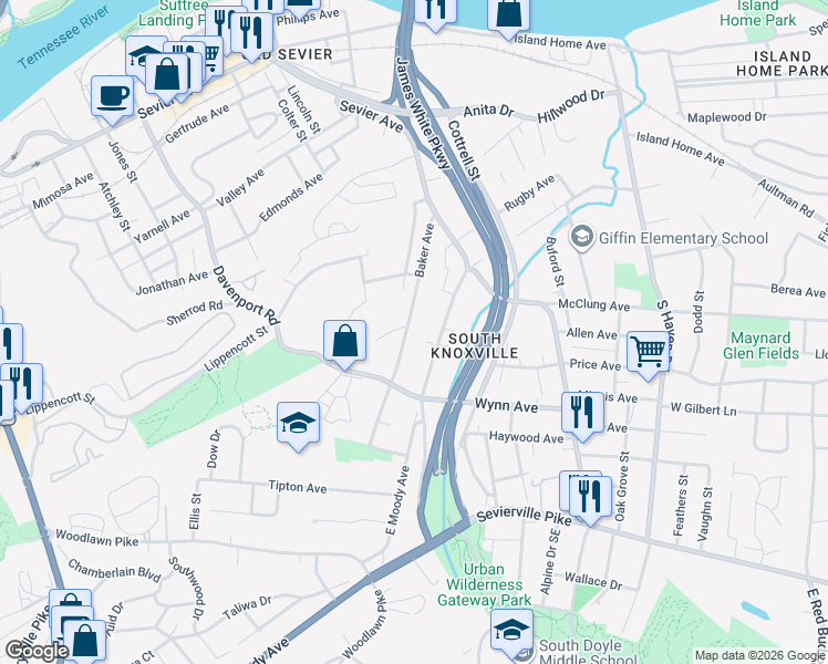 map of restaurants, bars, coffee shops, grocery stores, and more near 1133 Baker Avenue in Knoxville