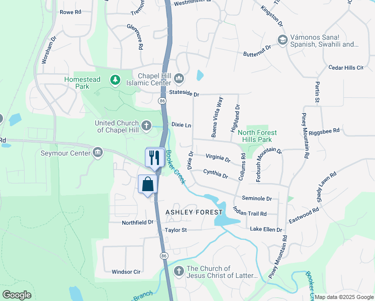 map of restaurants, bars, coffee shops, grocery stores, and more near 116 Dixie Drive in Chapel Hill